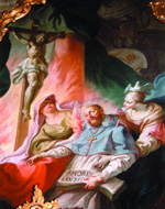 Franz von Sales in mystischer Verzückung zwischen der personifizierten Liebe (links) und dem Glauben.
